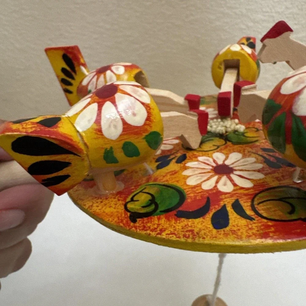 Vtg Wooden Russian Folk Art Pecking Chickens Moveable Toy Hand Carved